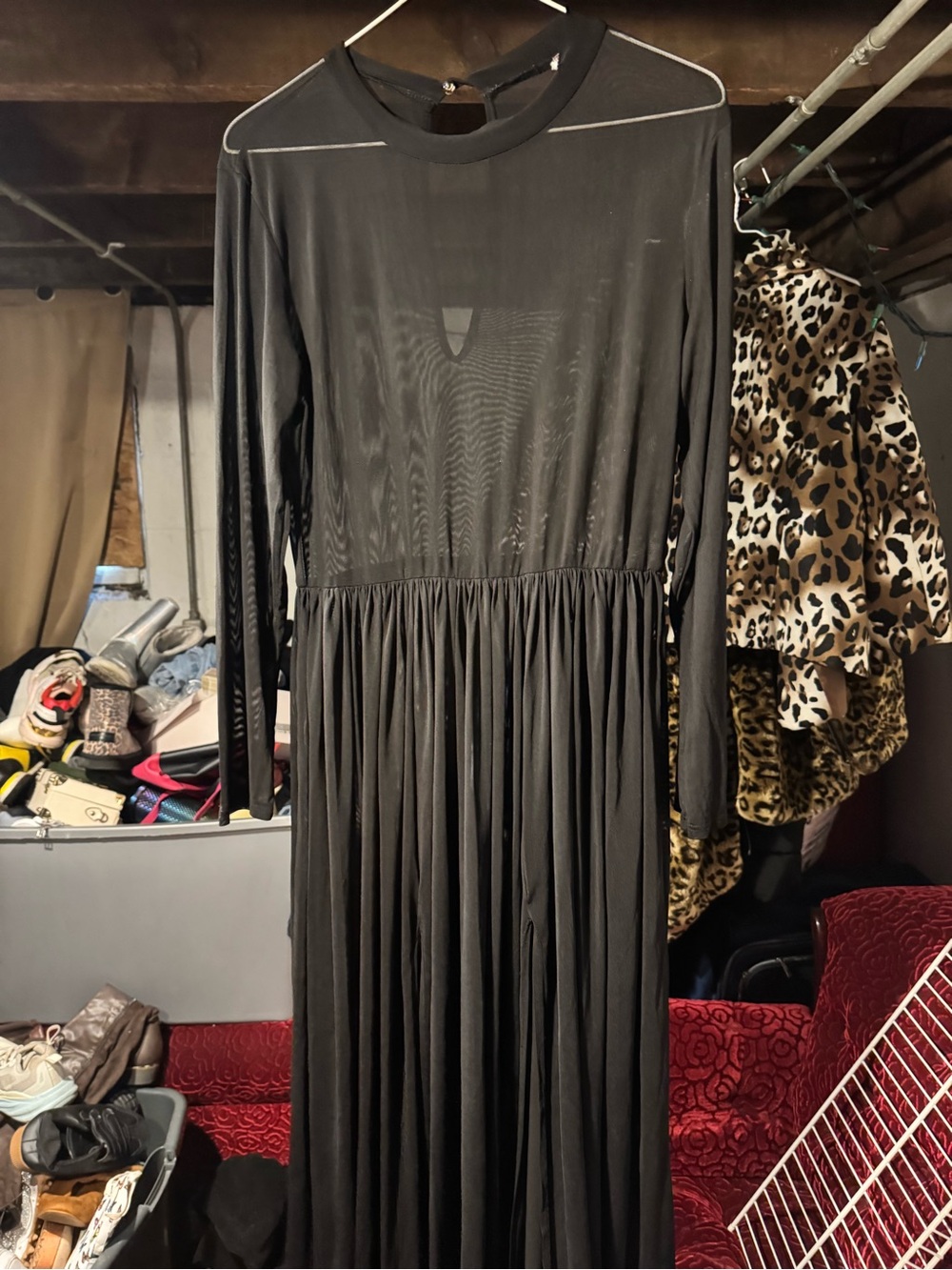 Sheer Black Long Sleeve Maxi Dress with Pleated Skirt
